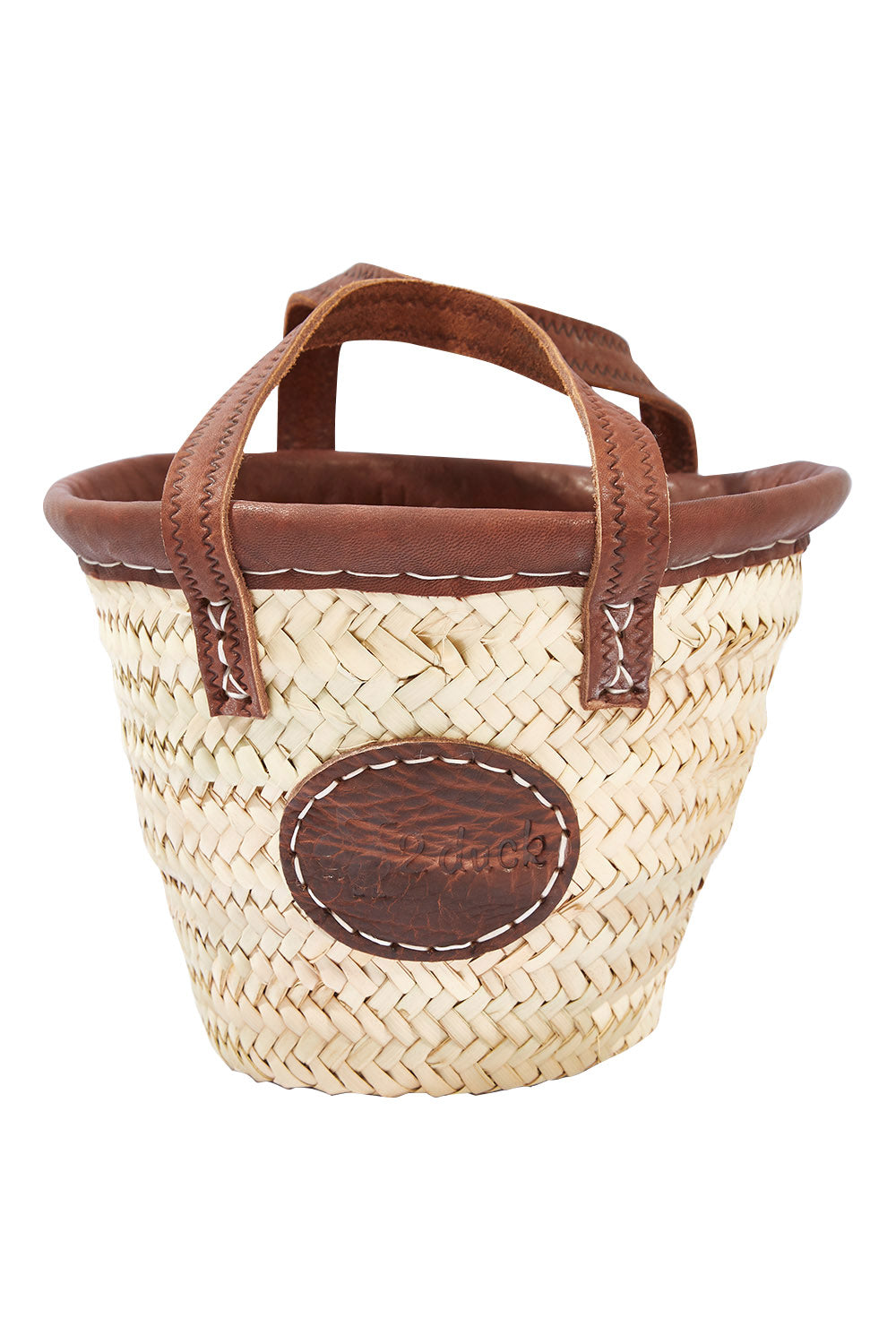 Product shot of the Baby Basket With Leather Trim in colour Natural, from the front