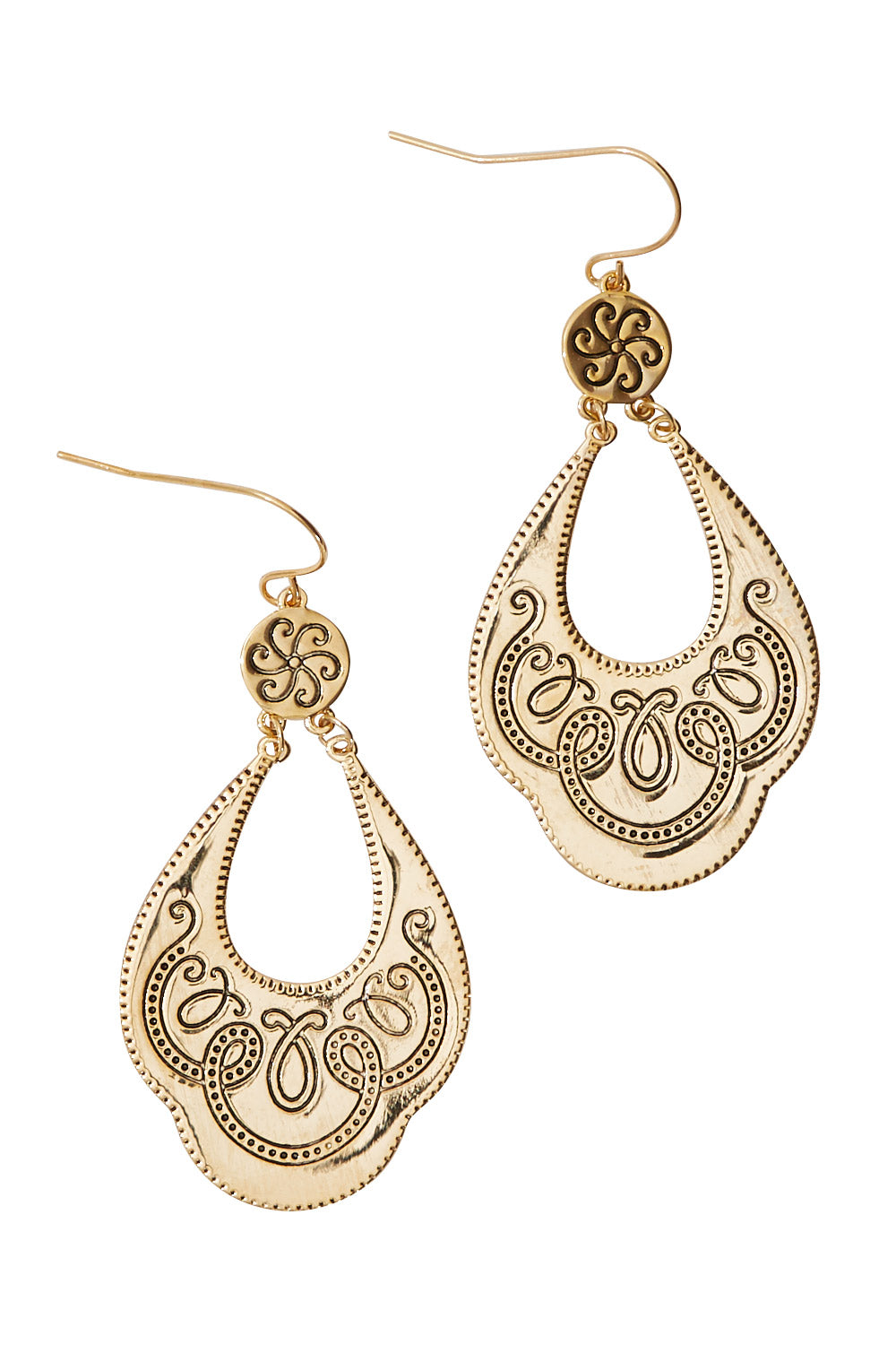 Product shot of the Teardrop Engraved Drop Earrings in colour Gold (Metallics), from the front