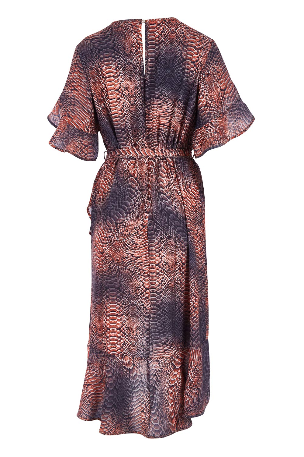 Product shot of the Animal Wrap Dress in colour Animal, from the back