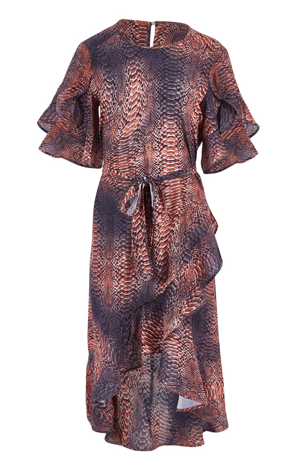 Product shot of the Animal Wrap Dress in colour Animal, from the front