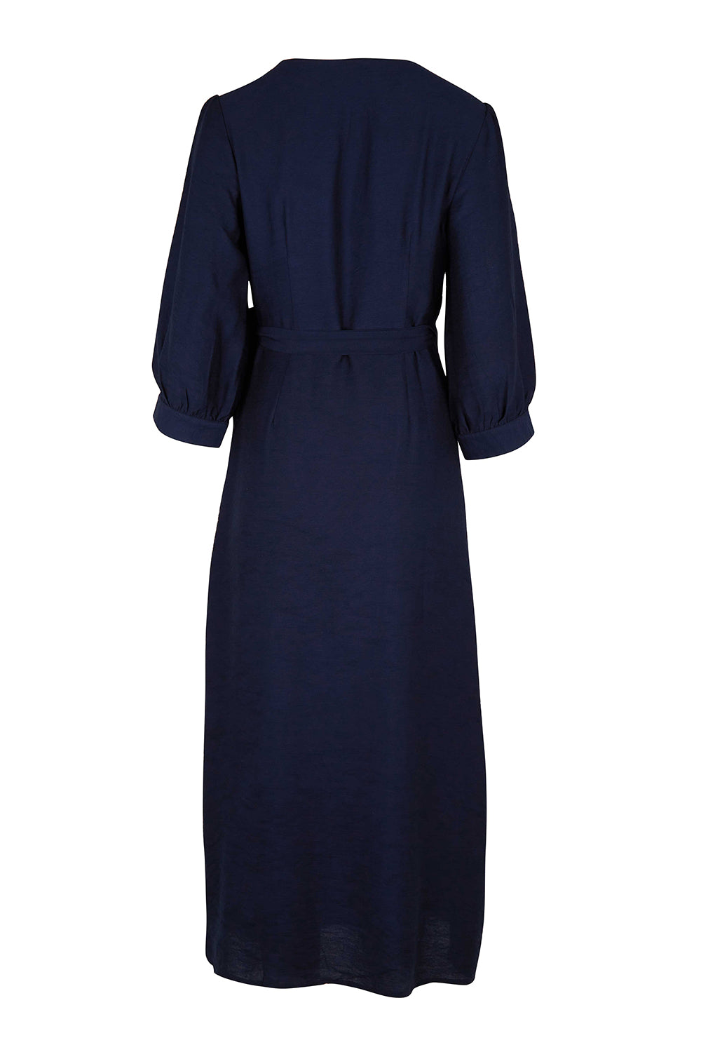 Product shot of the Eden Classic Wrap Dress in colour Navy (Blue), from the back
