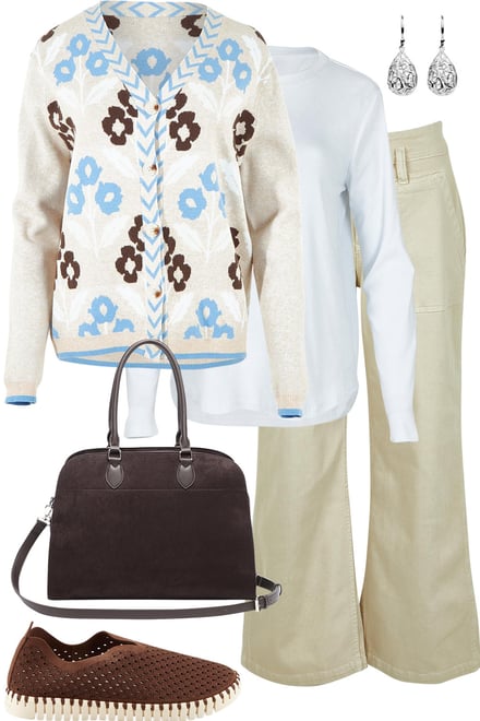 Vermont Cardi With Natural Jeans & Chocolate