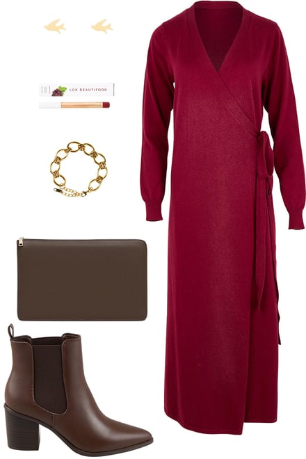 Burgundy Cotton Cashmere Wrap Dress