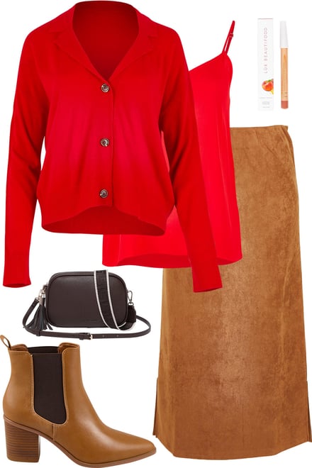 Red Collared Cardi & Faux Suede Skirt