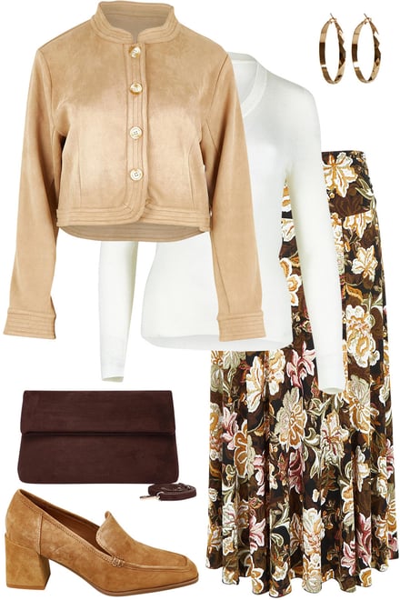 Printed Wanderer Skirt & Faux Suede Cropped Jacket