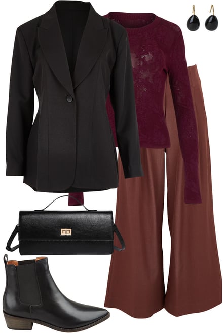 Black Blazer + Bordeaux Knit + Wood Pants