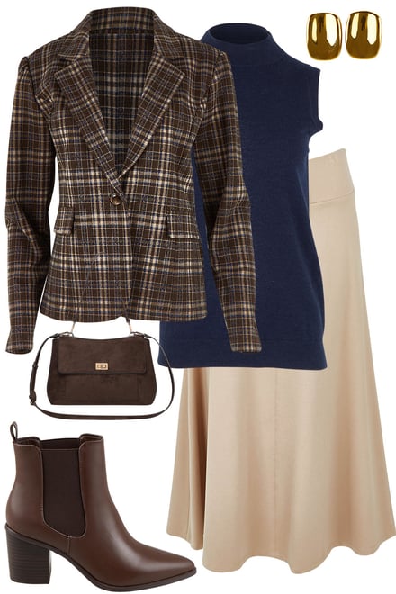Houndstooth Jacket + Navy Knit + Nougat Skirt