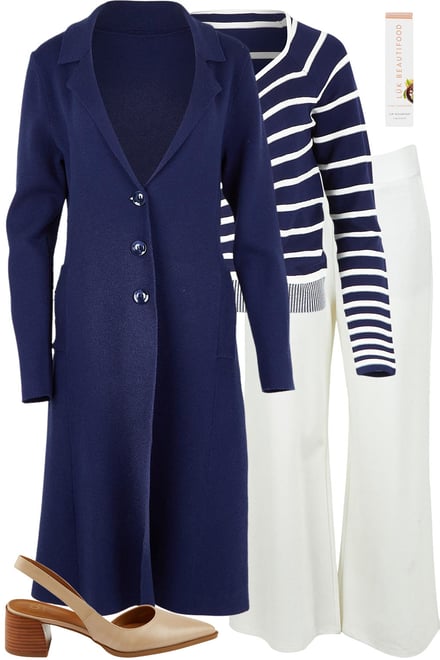 Longline Coatigan With Stripe Knit & Pearl Pants