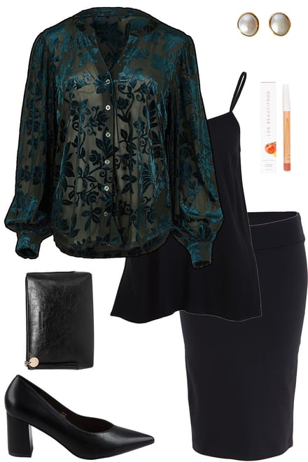 Deep Teal Burnout Velvet Shirt & Black Pencil Skirt