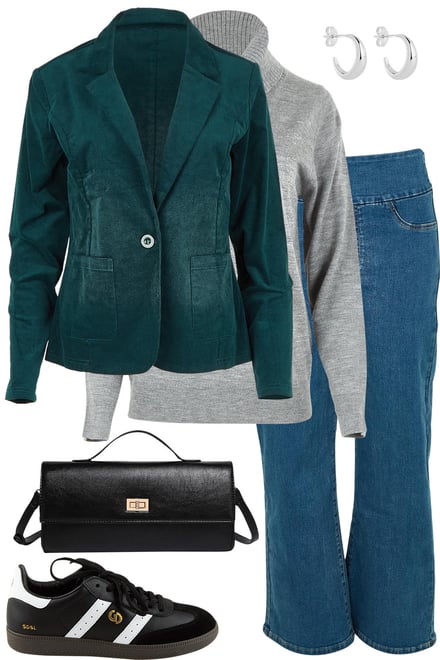 Deep Petrol Cord Blazer + Grey Knit + Denim