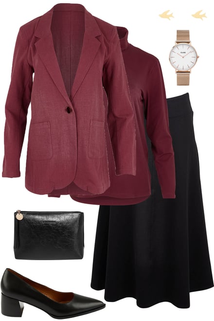 Wine Blazer With Burgundy Skivvy & Black Skirt