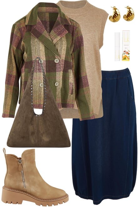 Pea Coat With Denim Look Bubble Skirt & Fawn Knit