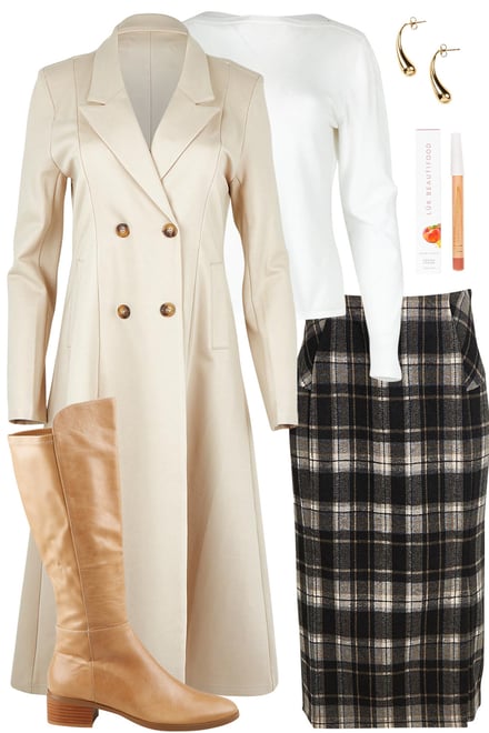 Check Skirt With Snow Knit & Sand Coat