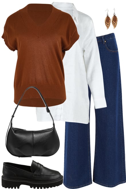 Caramel Knit + Shirt + Dark Denim