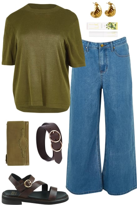 Green Knit + Denim Wide Leg Jeans