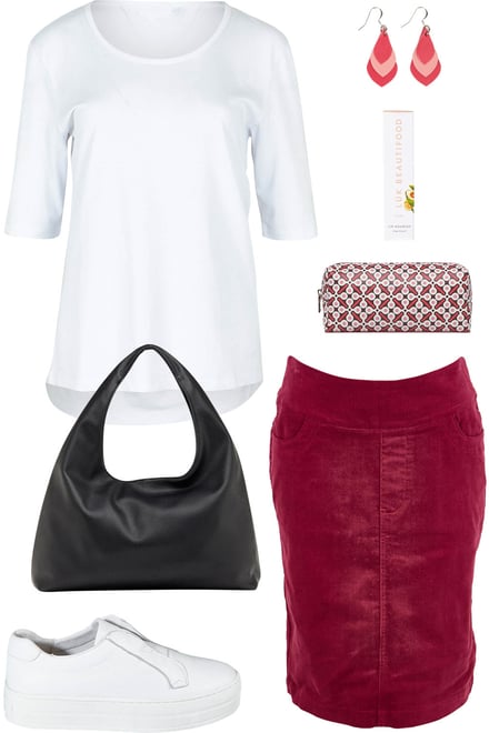 White Tee With Dusty Rose Cord Skirt