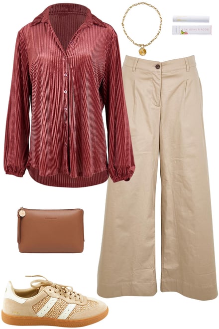 Rose Velvet Shirt + Wheat Wide Leg Pants