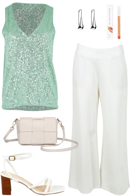 Mint Sequin Top & White Ponte Pants