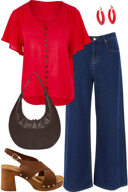 Red Blouse With Dark Denim Jeans
