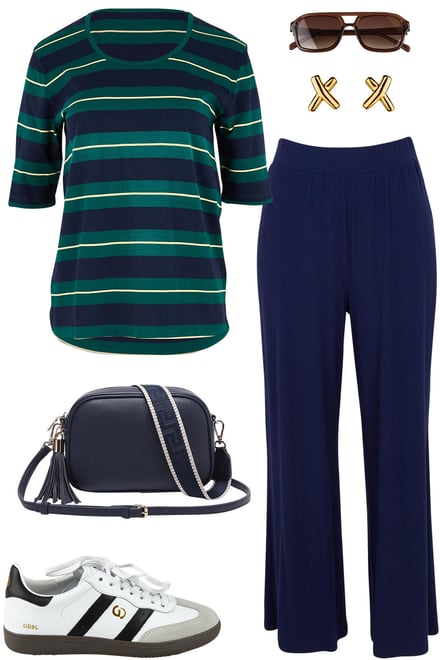 Navy Green Stripe Tee & Navy Pants