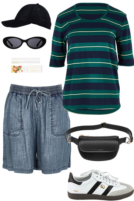 Navy Green Stripe Tee & Indigo Shorts