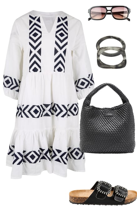 White & Black Cotton Dress With Black