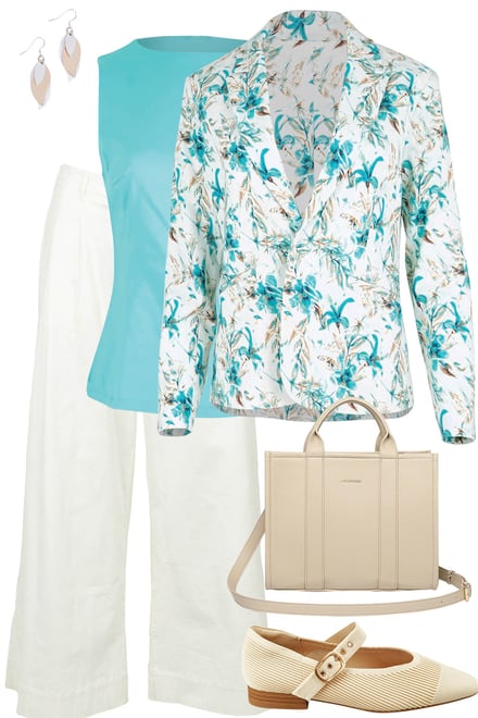 Teal Printed Blazer, Teal Top & White Pants