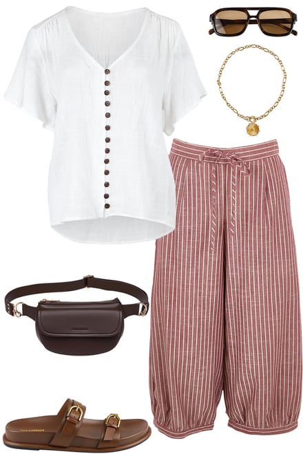 White Cotton Blouse & Plum Stripe Pants
