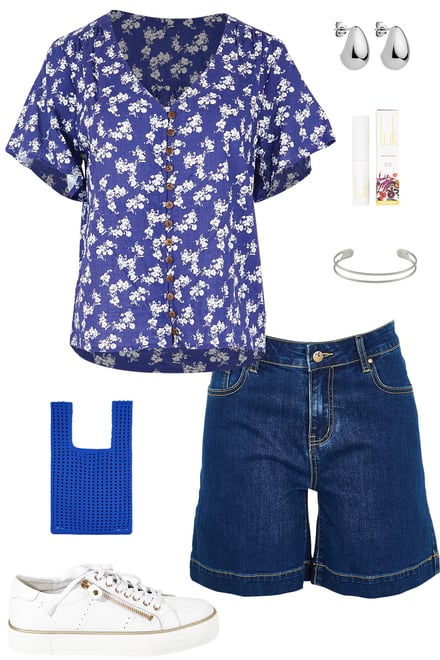 Blue Posie Blouse & Dark Denim Shorts