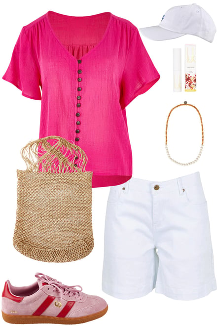 Pink Blouse With White Denim Shorts