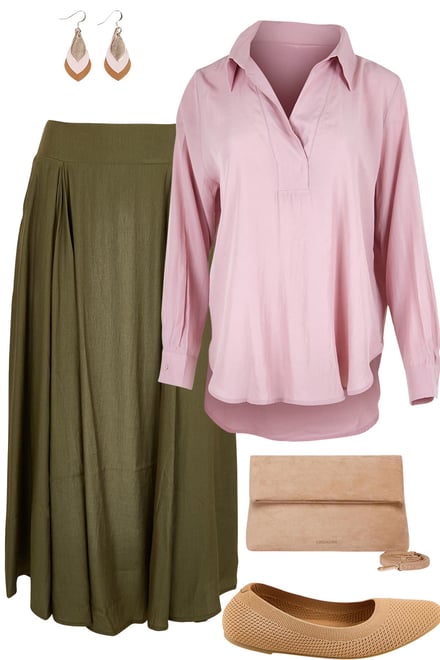 Dusty Pink Shirt With Olive Skirt
