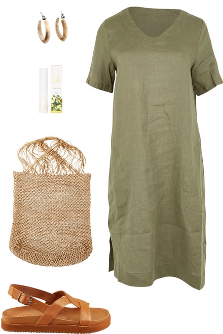 Olive Linen Dress With Neutrals