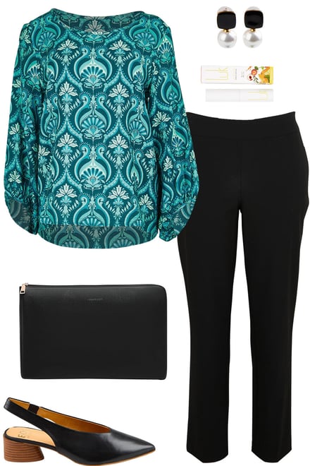 Teal Damask Blouse & Black Pants