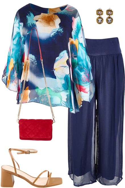 Navy Floral Silk Top & Navy Silk Pants