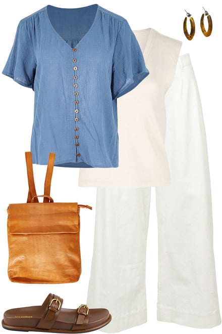 Blue Blouse & Tank & White Pants