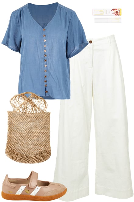 Denim Blue Blouse With White Pants