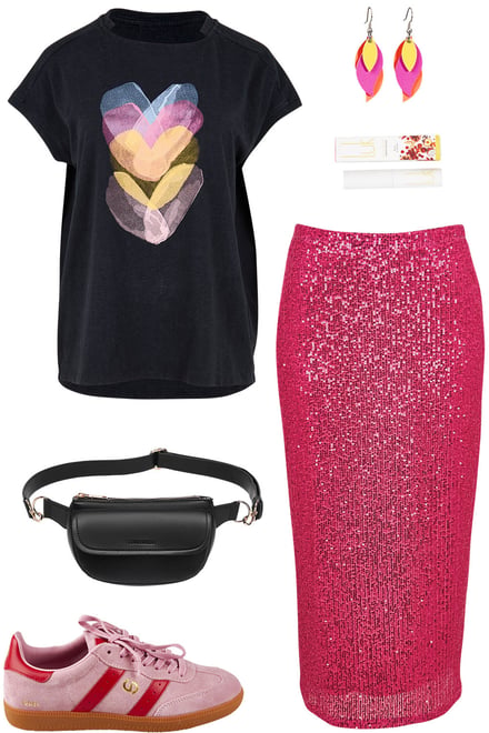 Black-Pink Heart Tee & Cerise Sequins