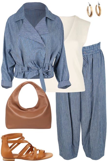 Blue Stripe Cropped Trench & Pants Set