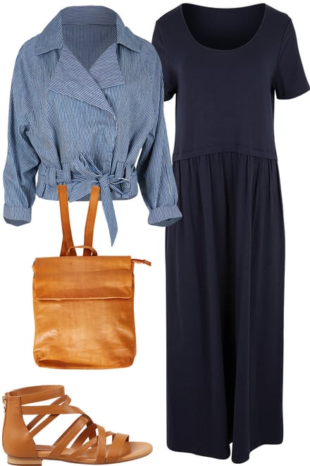 Blue Stripe Cropped Trench & Navy Dress