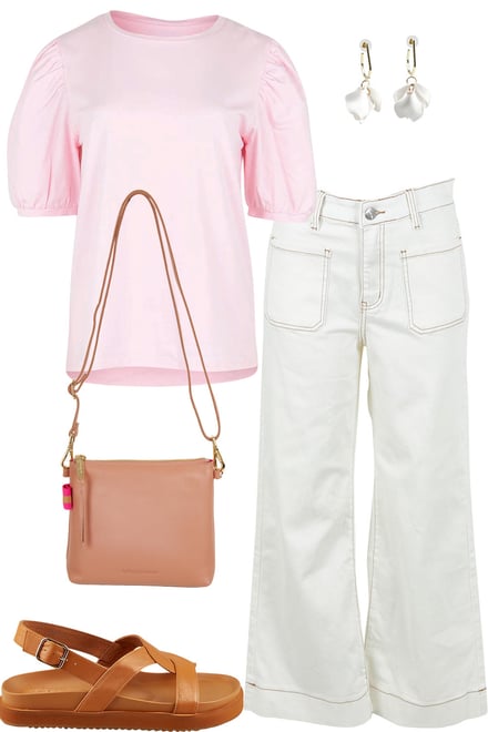Pink Puff Sleeve Top & White Denim