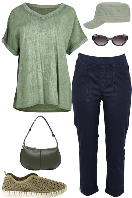 Olive Tee & Navy Pants With Greens