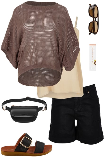 Pecan Throw Sweater With Black Shorts