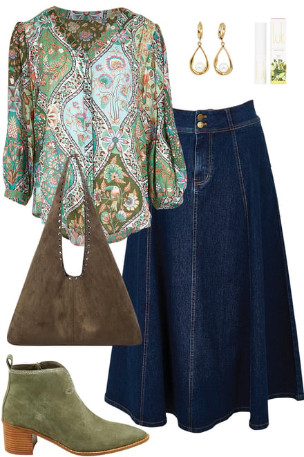 Greenfolk Blouse & Dark Denim Skirt