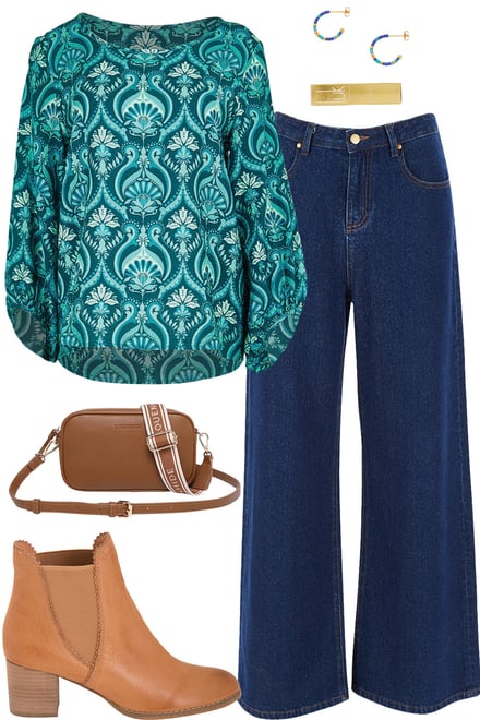 Teal Damask Blouse & Dark Denim