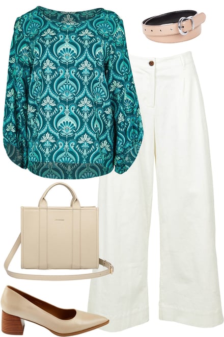 Teal Damask Blouse & White Pants