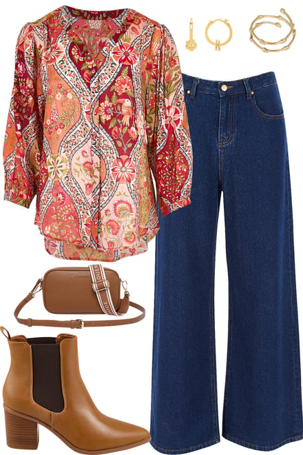 Rust Folk Blouse With Dark Denim