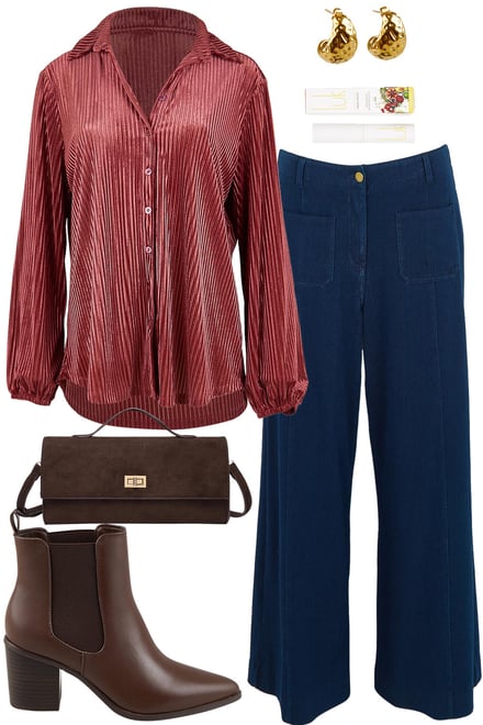 Rose Velvet Shirt & Denim Look Pants
