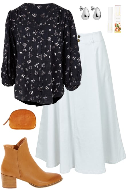 Navyfleur Blouse & White Denim Skirt