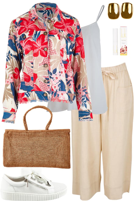 Print Jacket + White Cami + Sand Pants