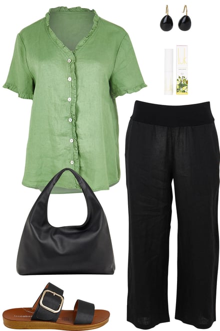 Fern Linen Top With Black Linen Pants